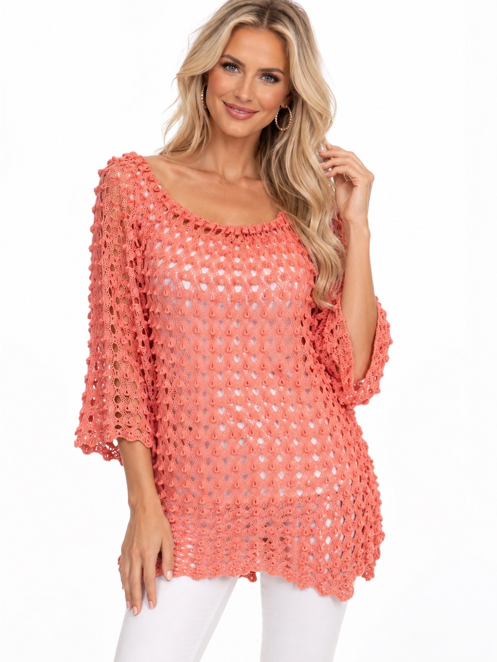 Emma Rose Crochet Open Knit Peach Tunic Top 3/4 Sleeve Size M Approx